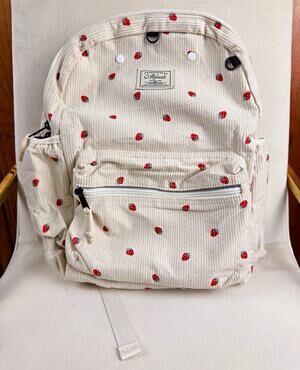 Miqah Mini Corduroy Strawberry Backpack Cream/Red Zip Pockets Adjustable Straps